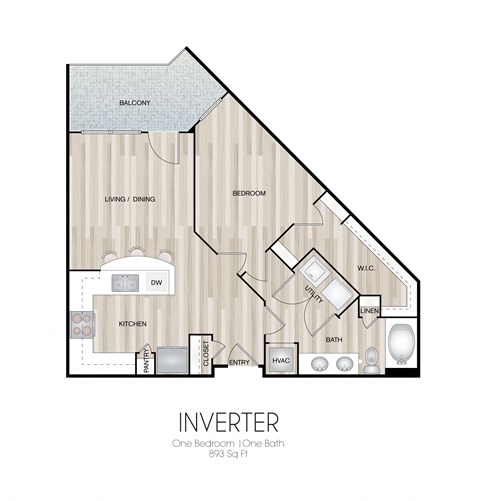 Floor plan for 1 bed, 1 bath, 893 sqft